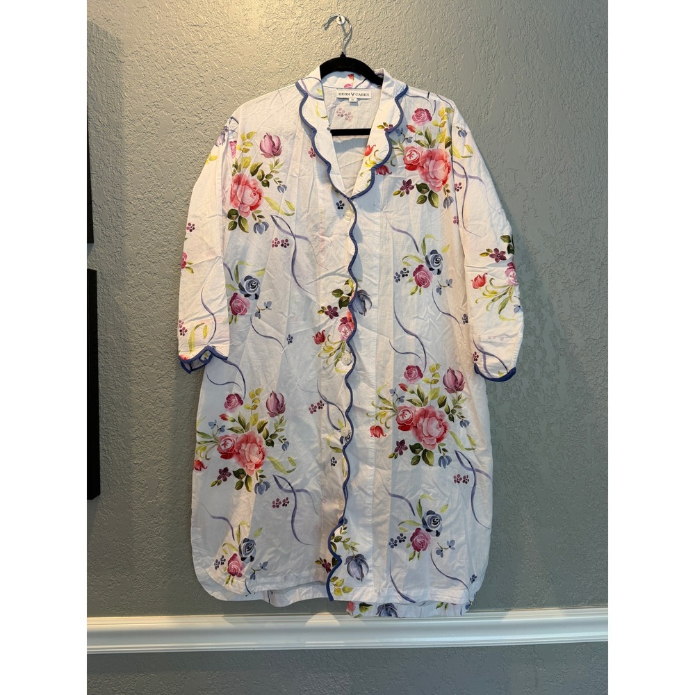 Heidi Carey Floral Cotton Nightgown XL White Scalloped Trim Button Down Sleep